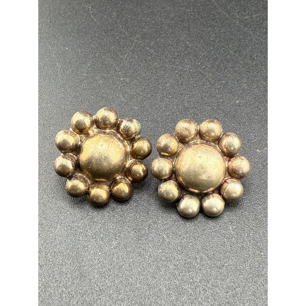 Vintage Mexico Sterling Silver Flower Screw Back Earrings Silver Beaded Dome